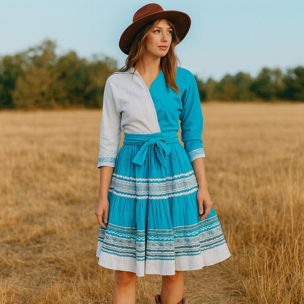 Vintage 70s Blue‎ White Crinkle Cotton Skirt Wrap Top Set Boho Folk Square Dance